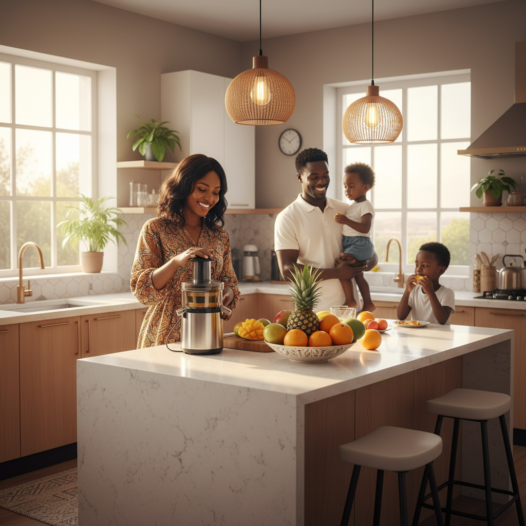 Famille africaine utilisant l'extracteur de jus dans une cuisine moderne