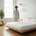 Femme africaine vaporisant le spray anti-acariens sur un matelas blanc dans une chambre moderne