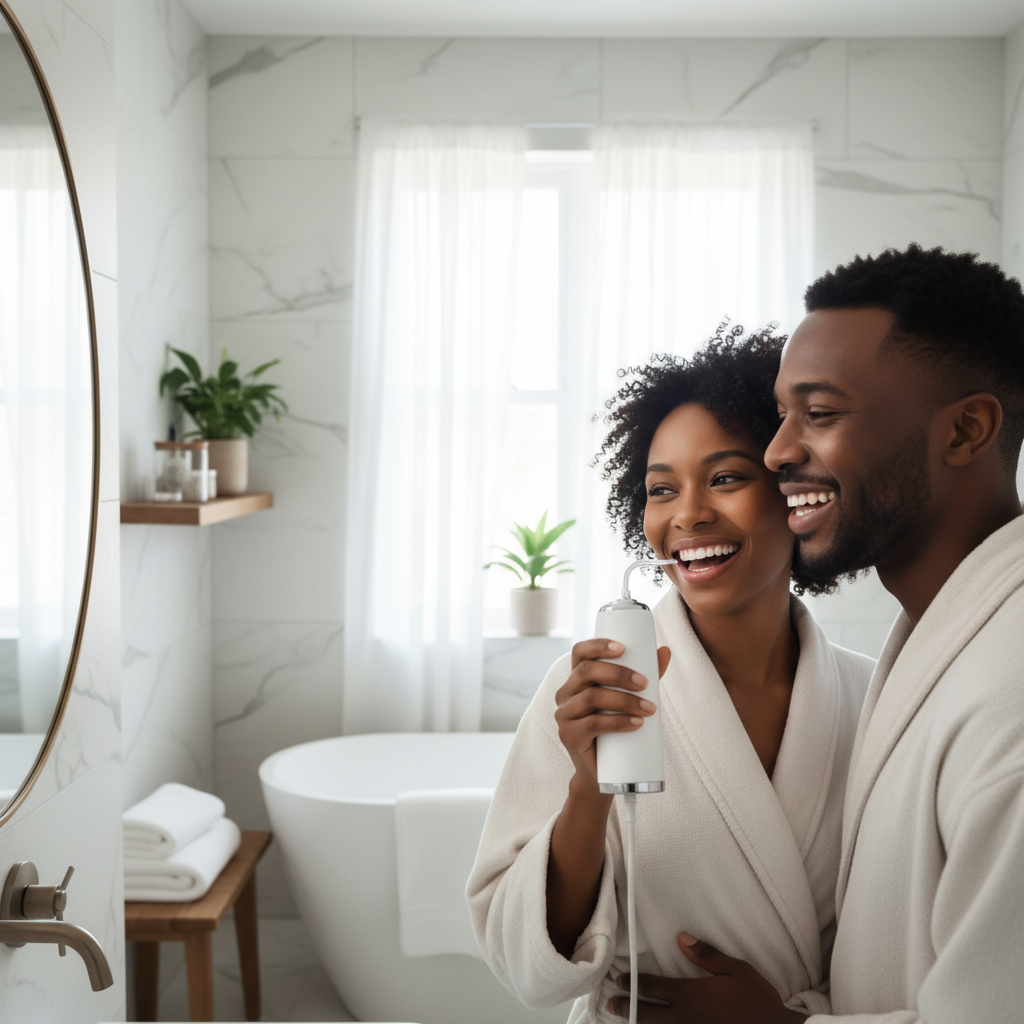 Couple africain souriant avec des dents blanches utilisant l'AquaFlosser